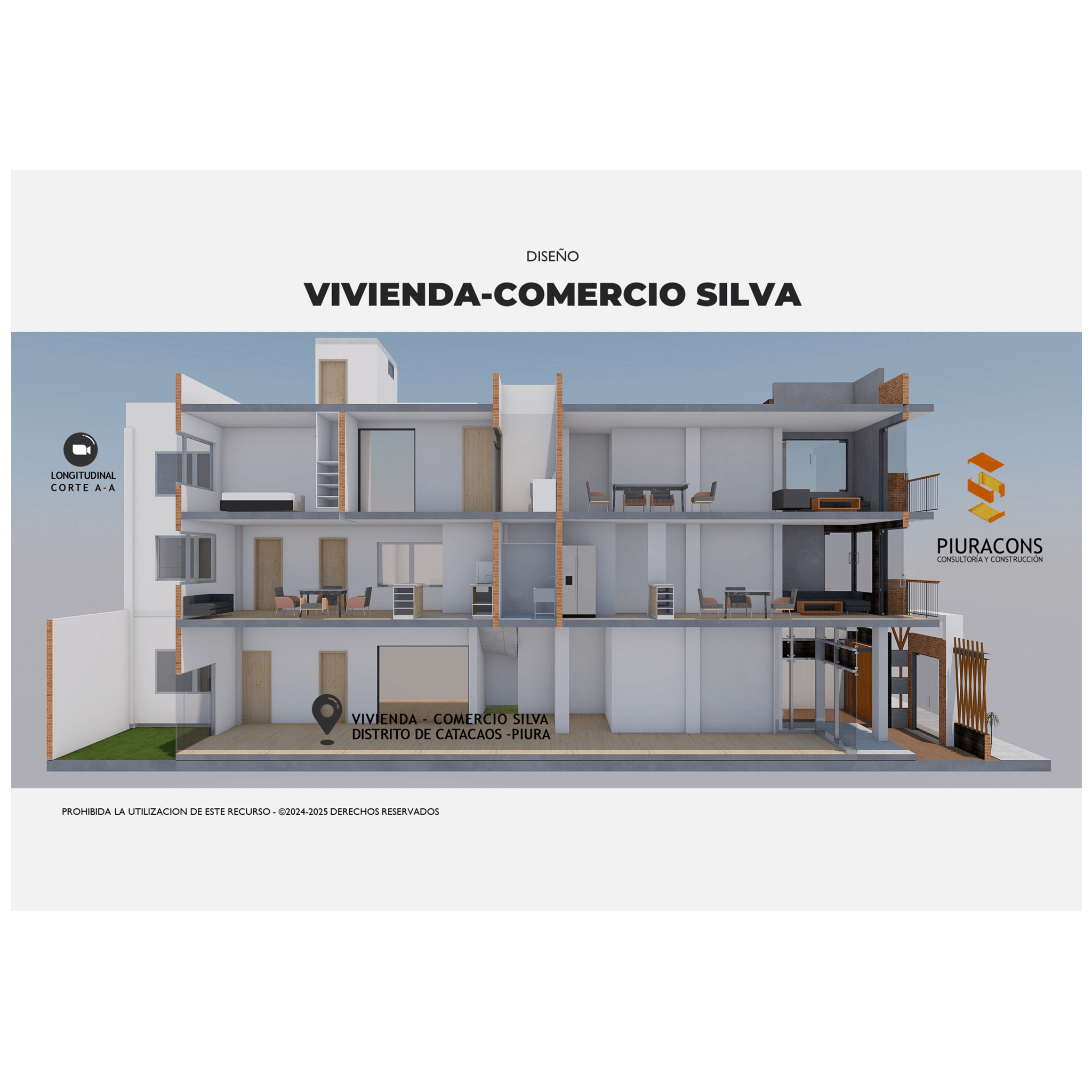 Corte longtudinal de una vivienda comercio de 3 niveles en Catacaos.