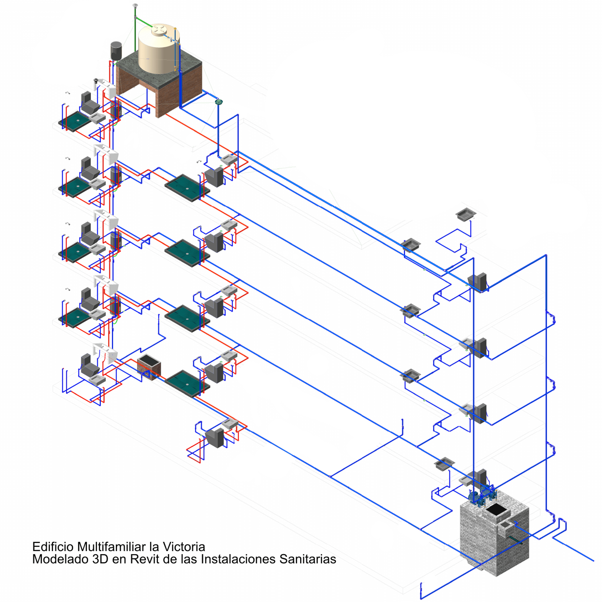 Imagen 3d hecha con revitmep. Muestra las instalaciones sanitarias de un edificio multifamiliar en piura con sus respectivso aparatos sanitarios.