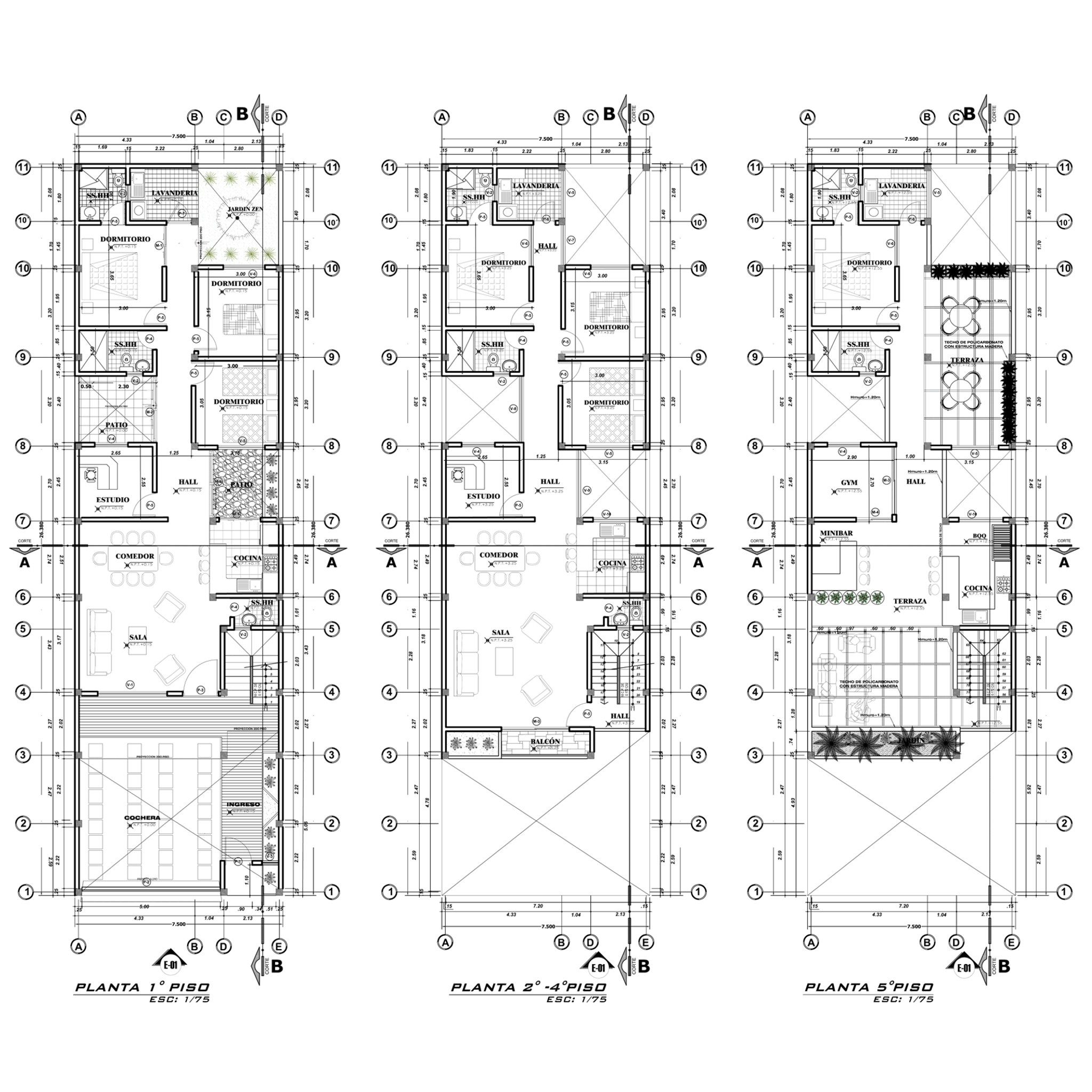 imagen de planos de arquitectura de un edificio multifamiliar de 4 pisos en piura.