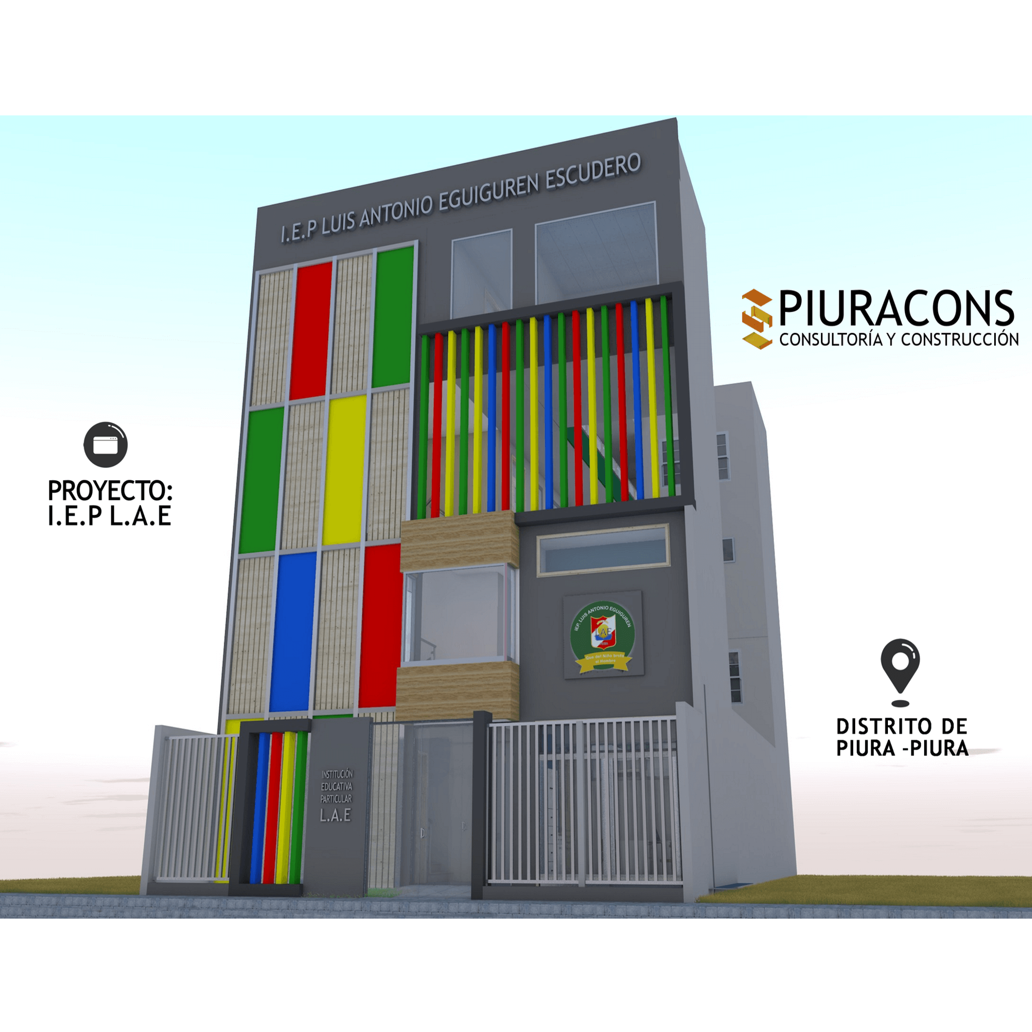 vista 3d en perspectiva del diseño de una institucion educativa para nivel secundario en piura.