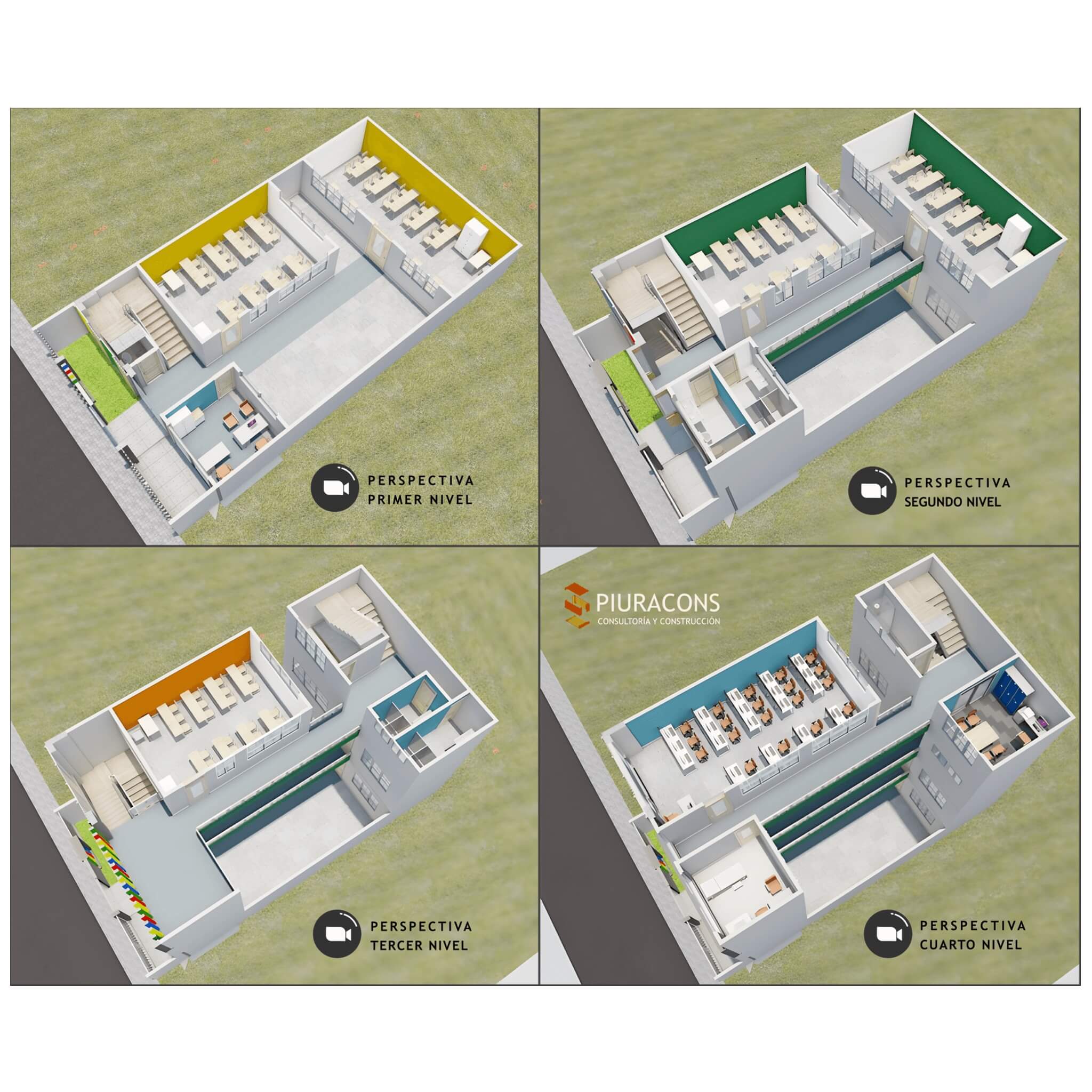 Distribución 3d de una institución educativa privada en piura