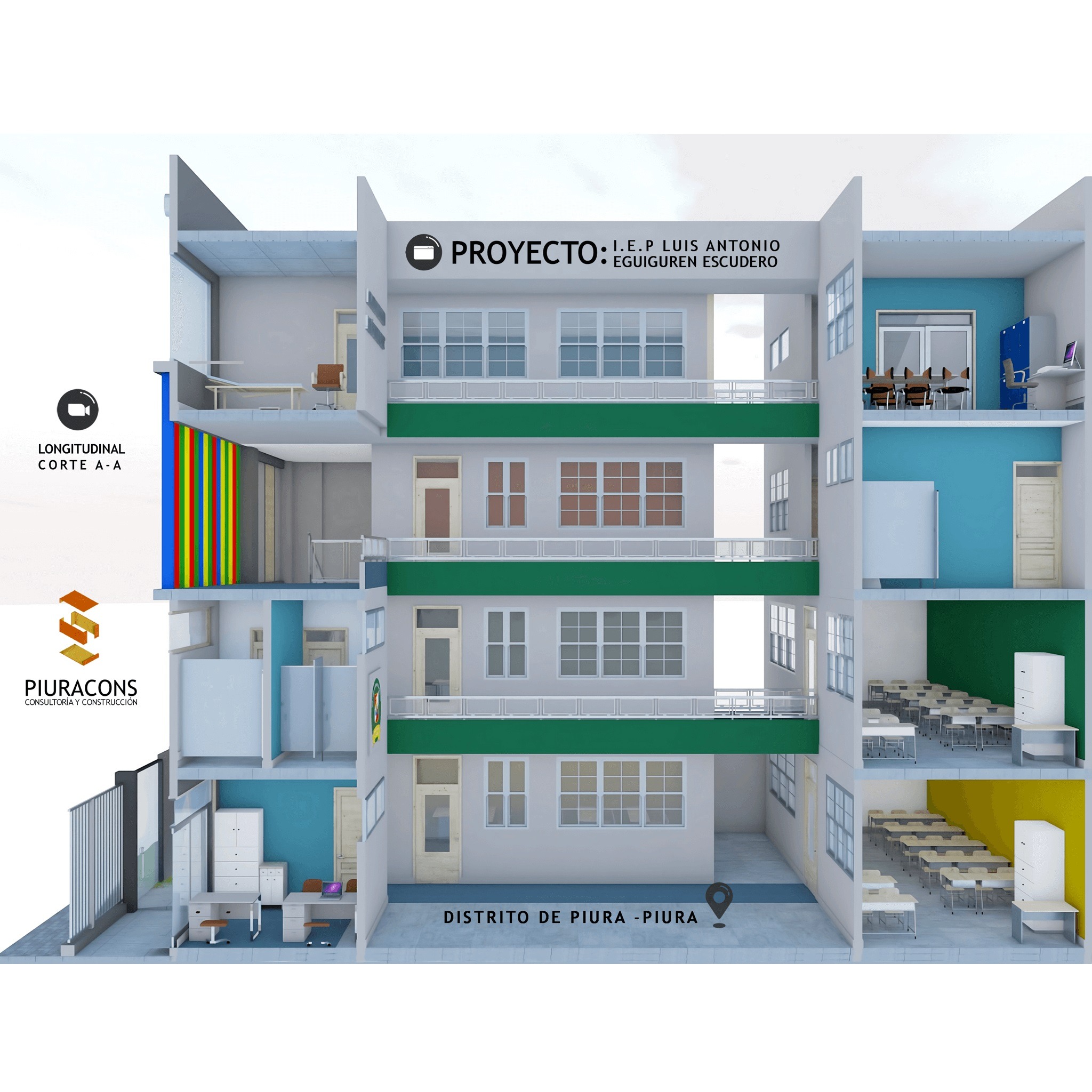 Corte longitudinal donde se observan las aulas y oficina administrativa de una institucion educativa